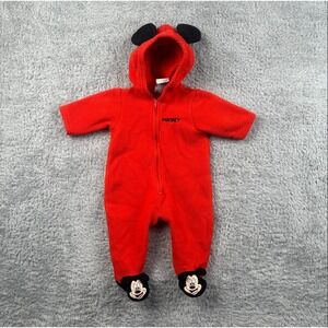 Disney Mickey Mouse Baby Fleece Hooded Pram Suit Red Footed Romper 3M 032058M